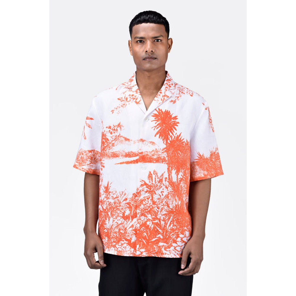 Genes Lecoanet Hemant Light Linen Shirt With Landscape Print-Coral Orange