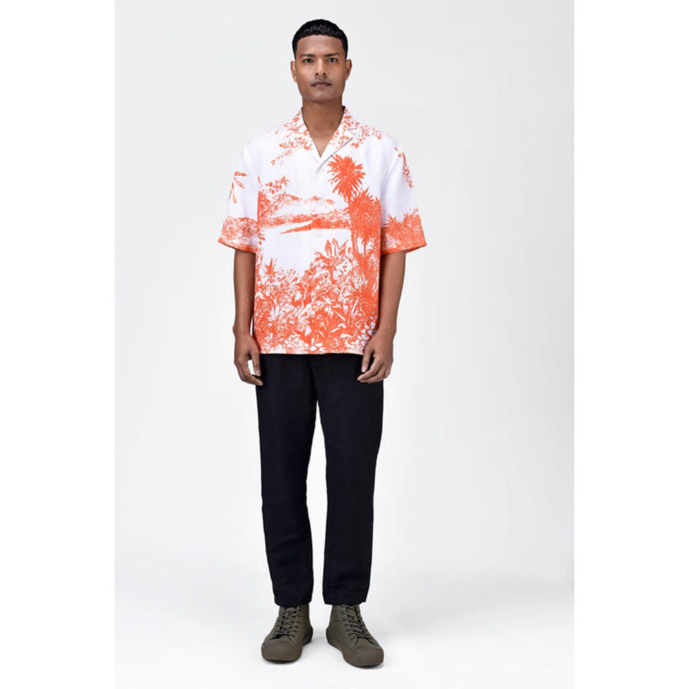 Genes Lecoanet Hemant Light Linen Shirt With Landscape Print-Coral Orange