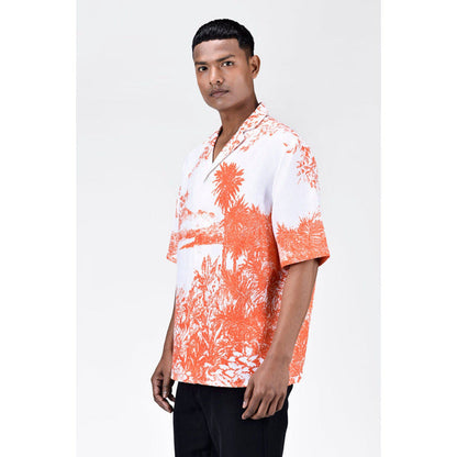 Genes Lecoanet Hemant Light Linen Shirt With Landscape Print-Coral Orange