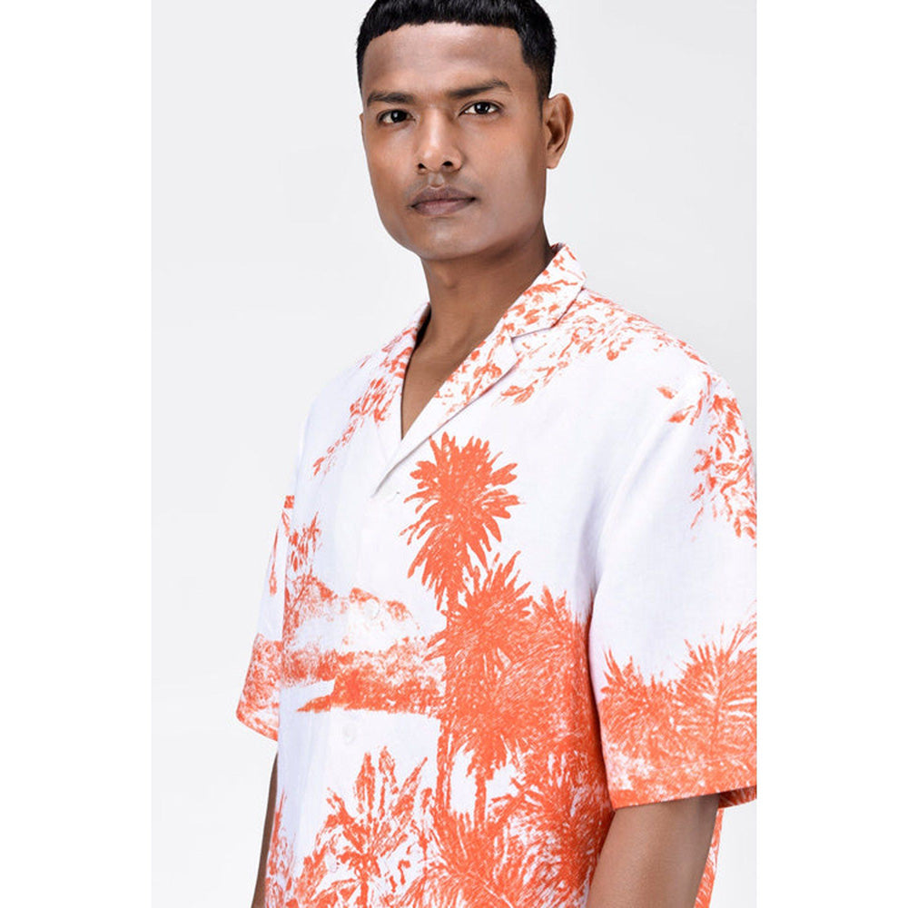 Genes Lecoanet Hemant Light Linen Shirt With Landscape Print-Coral Orange