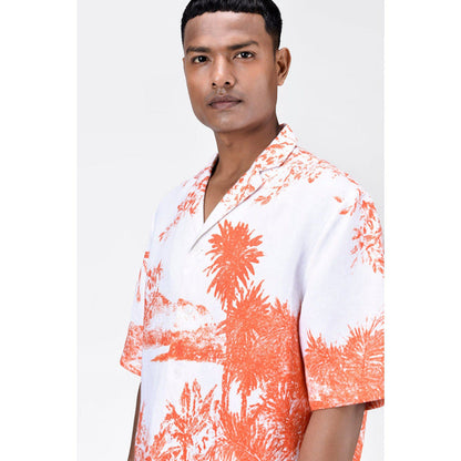 Genes Lecoanet Hemant Light Linen Shirt With Landscape Print-Coral Orange