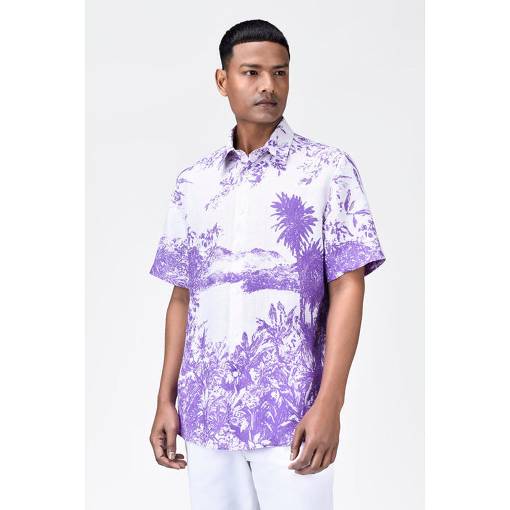 Genes Lecoanet Hemant Light Linen Regular Fit Shirt With Landscape Print-Amethyst