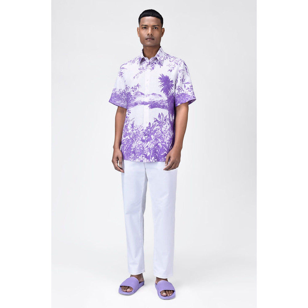 Genes Lecoanet Hemant Light Linen Regular Fit Shirt With Landscape Print-Amethyst