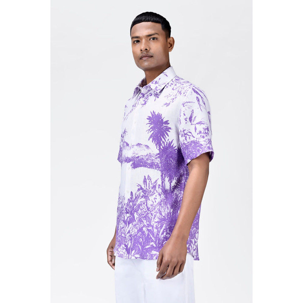Genes Lecoanet Hemant Light Linen Regular Fit Shirt With Landscape Print-Amethyst