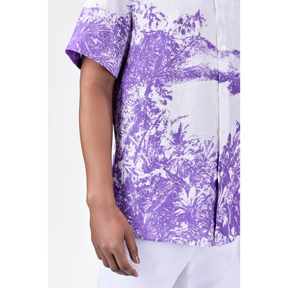 Genes Lecoanet Hemant Light Linen Regular Fit Shirt With Landscape Print-Amethyst