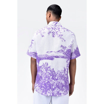 Genes Lecoanet Hemant Light Linen Regular Fit Shirt With Landscape Print-Amethyst