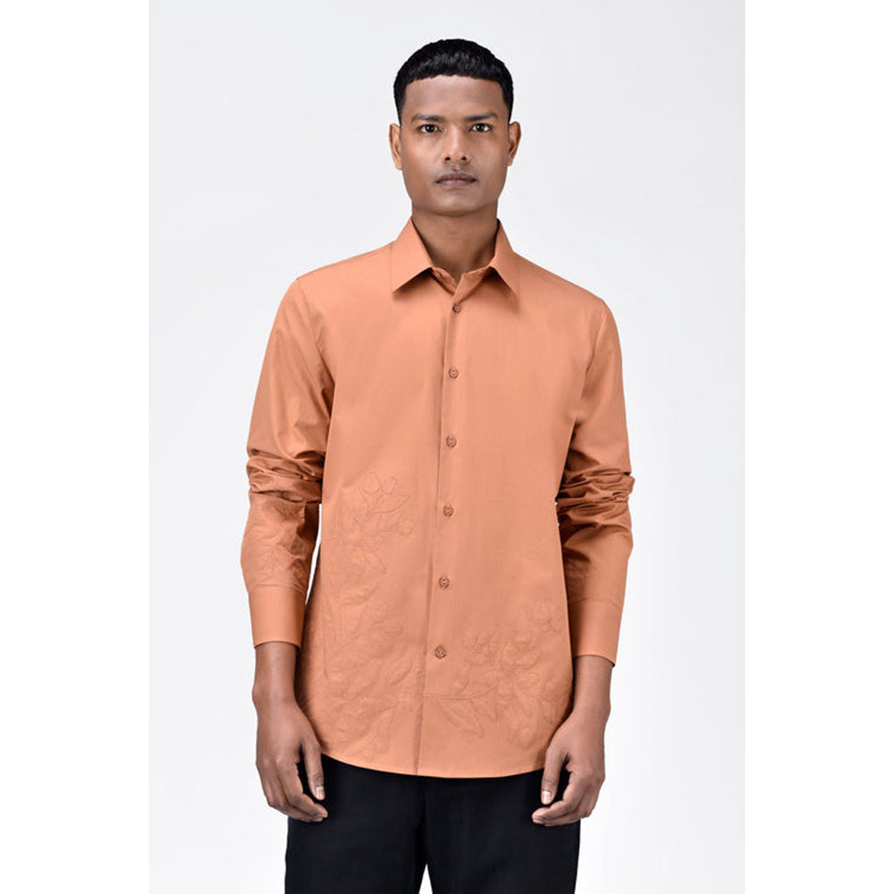 Genes Lecoanet Hemant Mens Light Peach Cotton Poplin Regular Fit Button-Up Shirt