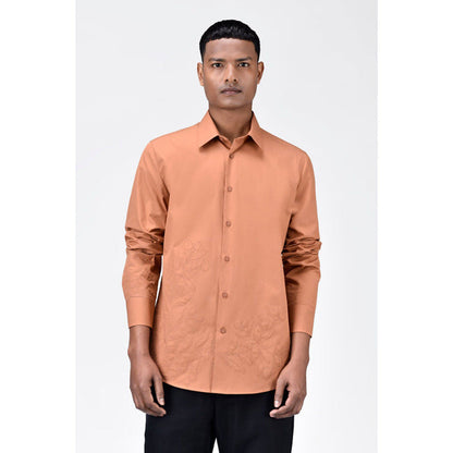 Genes Lecoanet Hemant Mens Light Peach Cotton Poplin Regular Fit Button-Up Shirt