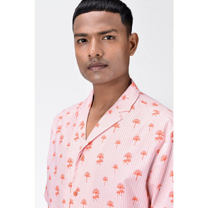 Genes Lecoanet Hemant Easy Fit Shirt With Sailor Collar And Palm Stripe Print-Coral Peach