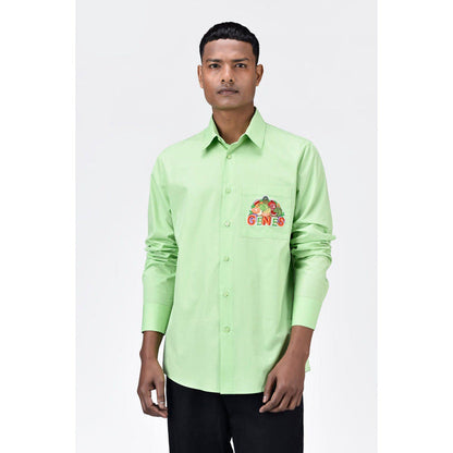 Genes Lecoanet Hemant Mens Regular Fit Button Up Shirt With Fruit Basket Embroidery-Mint Green