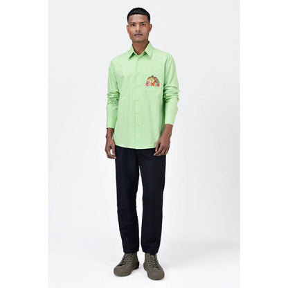 Genes Lecoanet Hemant Mens Regular Fit Button Up Shirt With Fruit Basket Embroidery-Mint Green