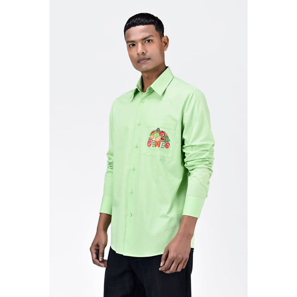 Genes Lecoanet Hemant Mens Regular Fit Button Up Shirt With Fruit Basket Embroidery-Mint Green