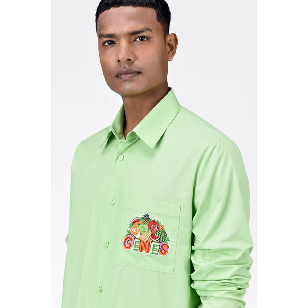 Genes Lecoanet Hemant Mens Regular Fit Button Up Shirt With Fruit Basket Embroidery-Mint Green