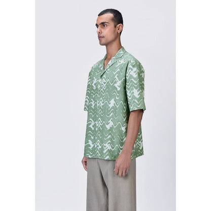 Genes Lecoanet Hemant Loose Fit Cuban Collar Half Sleeve Shirt Green