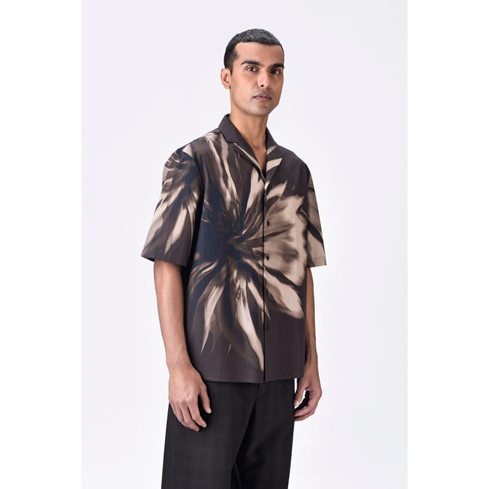 Genes Lecoanet Hemant Cotton Poplin Shirt With Uv Flower Print - Chocolate Brown