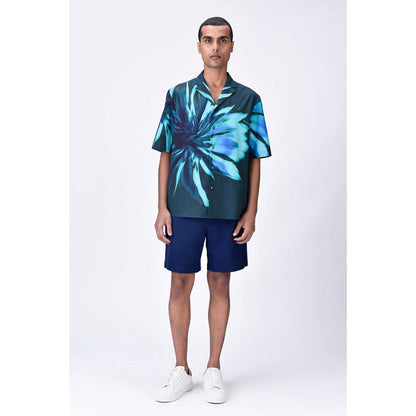 Genes Lecoanet Hemant Cotton Poplin Shirt With Uv Flower Print - Teal Green