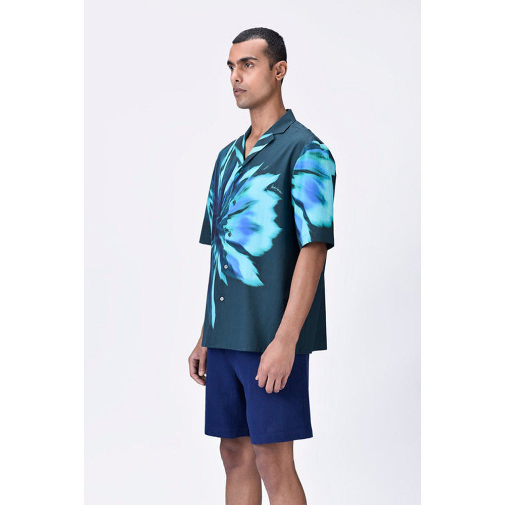 Genes Lecoanet Hemant Cotton Poplin Shirt With Uv Flower Print - Teal Green