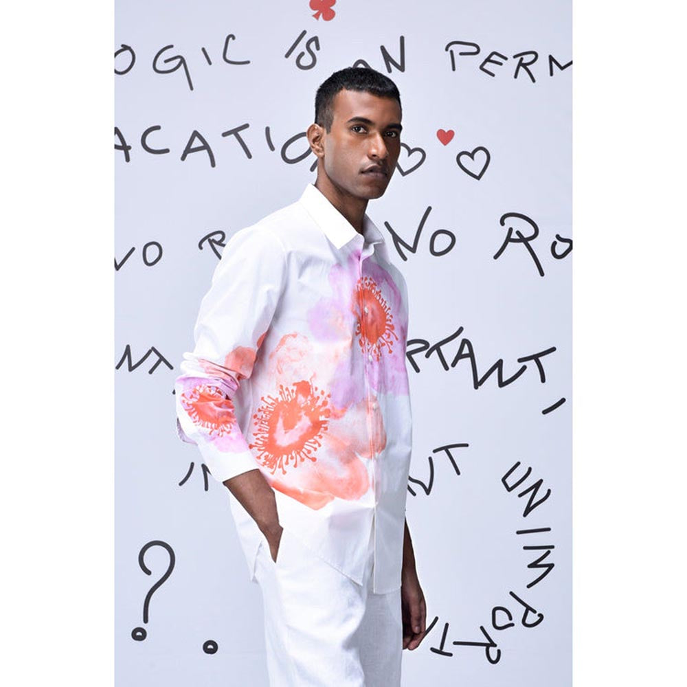 Genes Lecoanet Hemant Anemone Flower Regular Fit Shirt- Coral