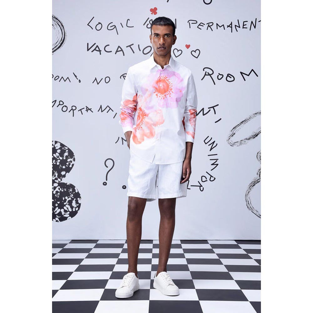 Genes Lecoanet Hemant Anemone Flower Regular Fit Shirt- Coral