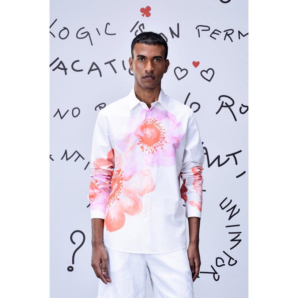 Genes Lecoanet Hemant Anemone Flower Regular Fit Shirt- Coral