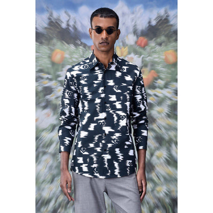 Genes Lecoanet Hemant Ikat Check Print Regular Fit Shirt - Black