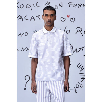 Genes Lecoanet Hemant Ikkat Print Polo T-Shirt- Pearl Grey