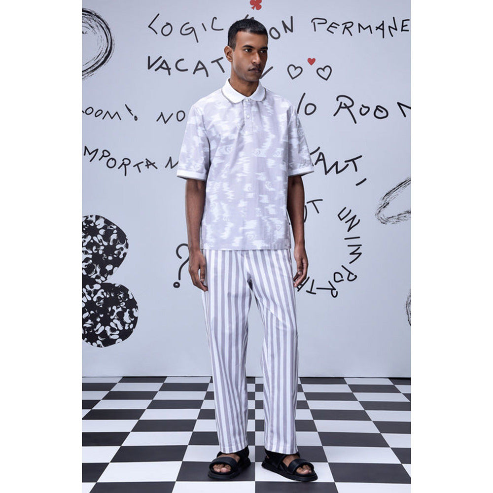 Genes Lecoanet Hemant Ikkat Print Polo T-Shirt- Pearl Grey