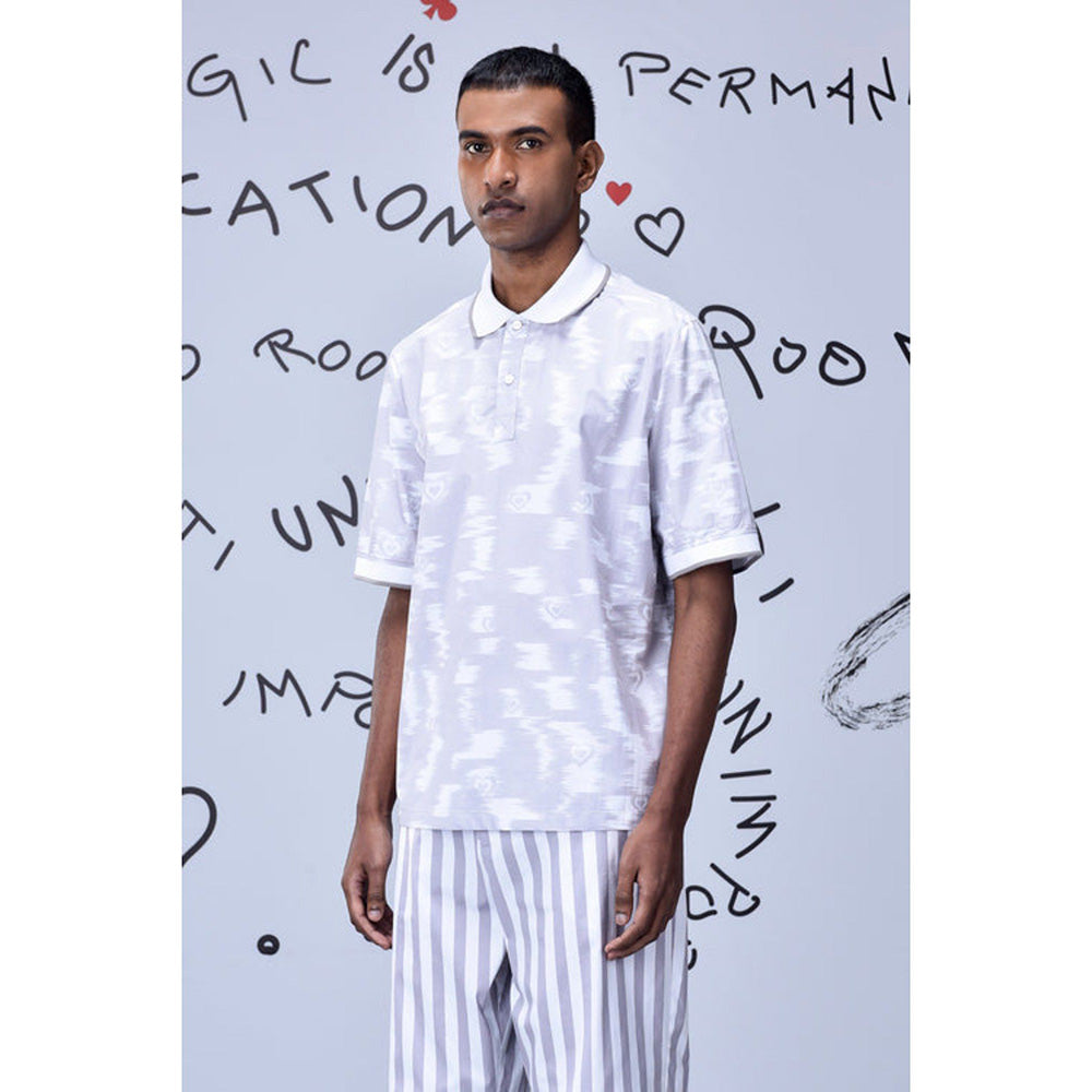 Genes Lecoanet Hemant Ikkat Print Polo T-Shirt- Pearl Grey
