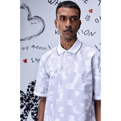 Genes Lecoanet Hemant Ikkat Print Polo T-Shirt- Pearl Grey