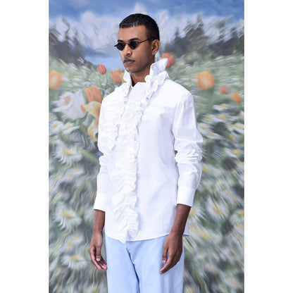Genes Lecoanet Hemant Detachable Ruffle Collar Regular Fit Shirt- White