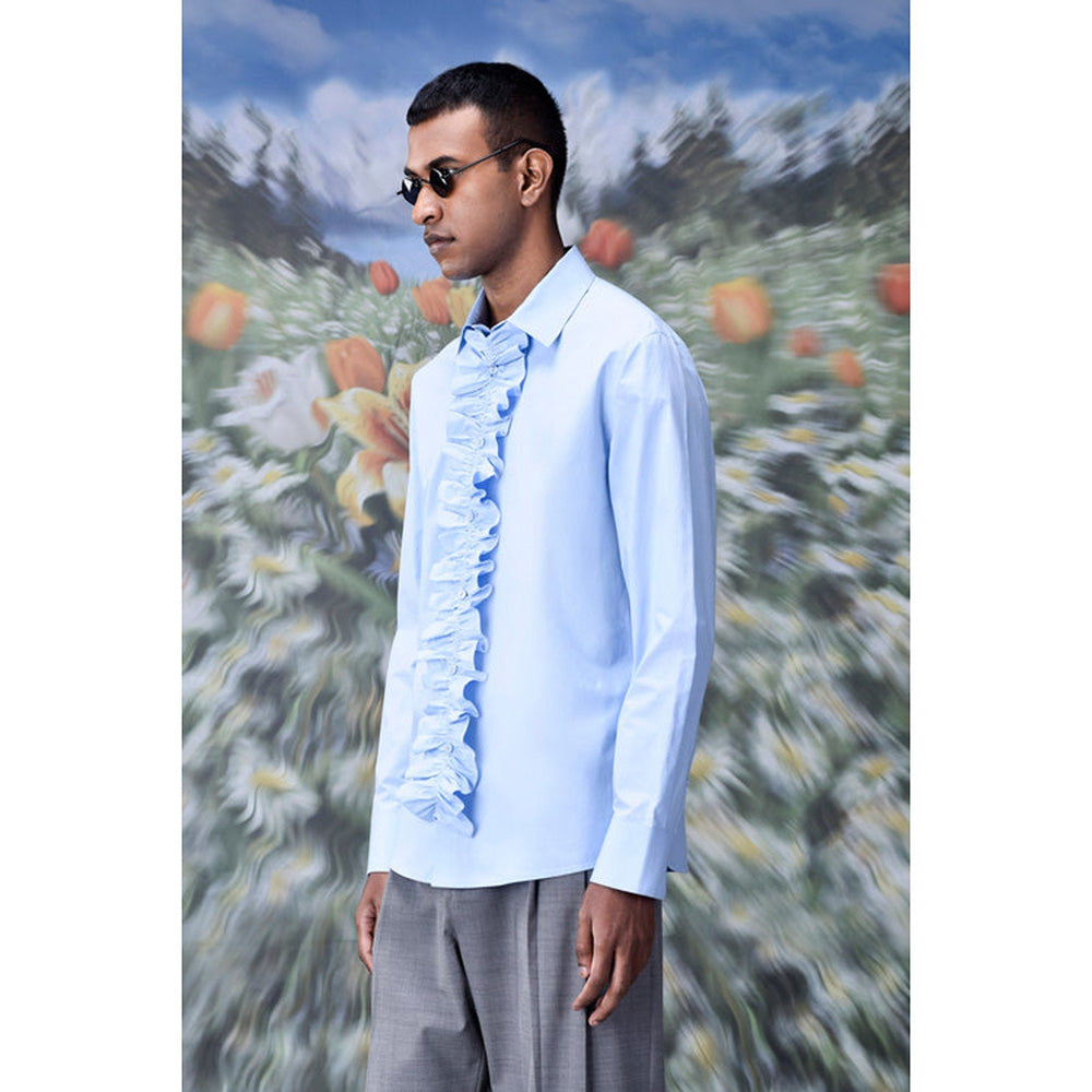 Genes Lecoanet Hemant Detachable Ruffle Placket Regular Fit Shirt -Light Blue