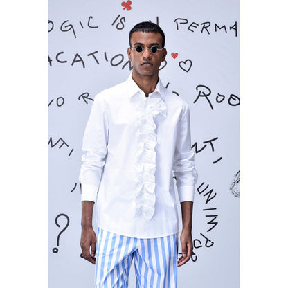 Genes Lecoanet Hemant Detachable Ruffle Placket Regular Fit Shirt -White