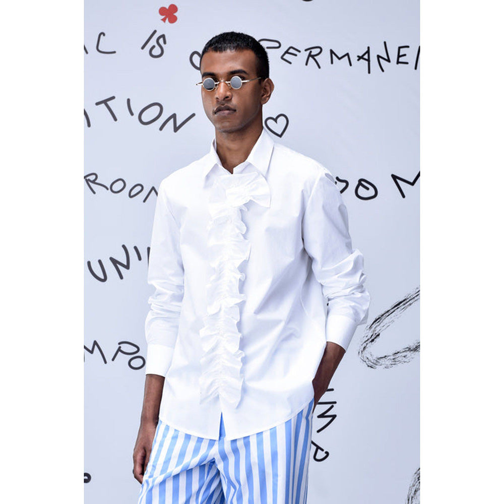 Genes Lecoanet Hemant Detachable Ruffle Placket Regular Fit Shirt -White