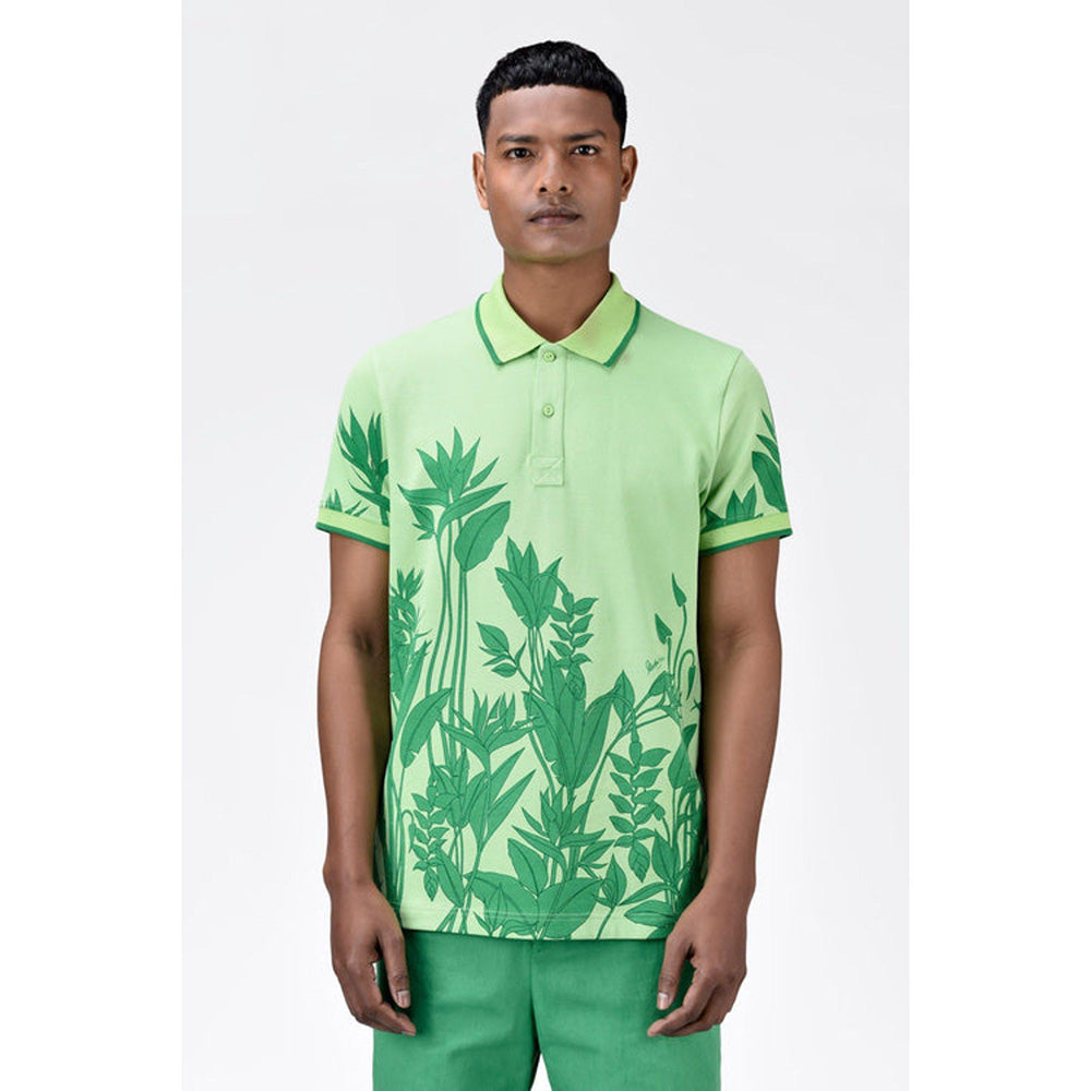 Genes Lecoanet Hemant Mens Regular Fit Polo With Tropical Print-Mint Green