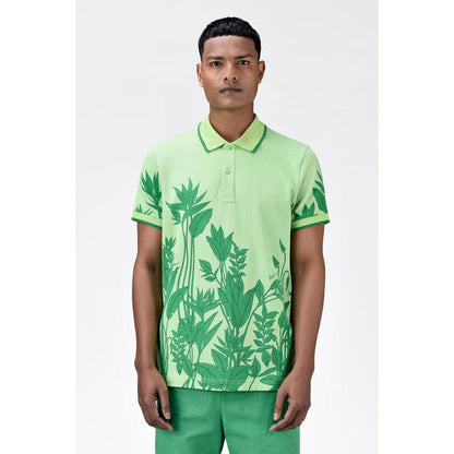 Genes Lecoanet Hemant Mens Regular Fit Polo With Tropical Print-Mint Green
