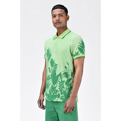 Genes Lecoanet Hemant Mens Regular Fit Polo With Tropical Print-Mint Green