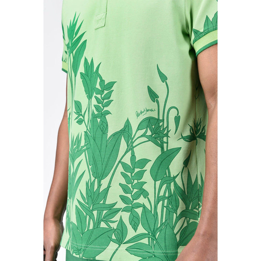 Genes Lecoanet Hemant Mens Regular Fit Polo With Tropical Print-Mint Green
