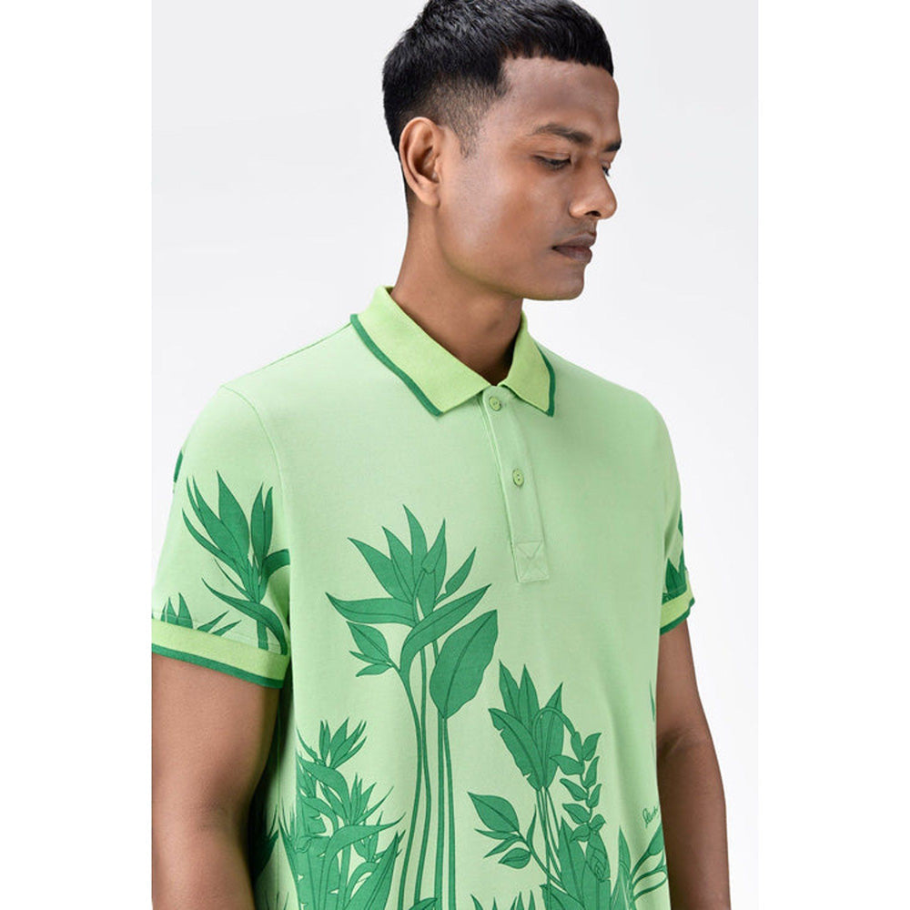Genes Lecoanet Hemant Mens Regular Fit Polo With Tropical Print-Mint Green