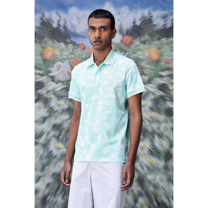 Genes Lecoanet Hemant Ikkat Print Polo T-Shirt- Nile Green