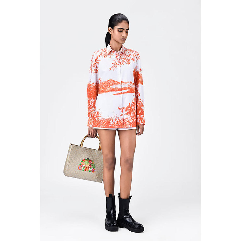 Genes Lecoanet Hemant Women's Landscape Print Easy Fit Cotton Poplin Shirt -Coral Orange