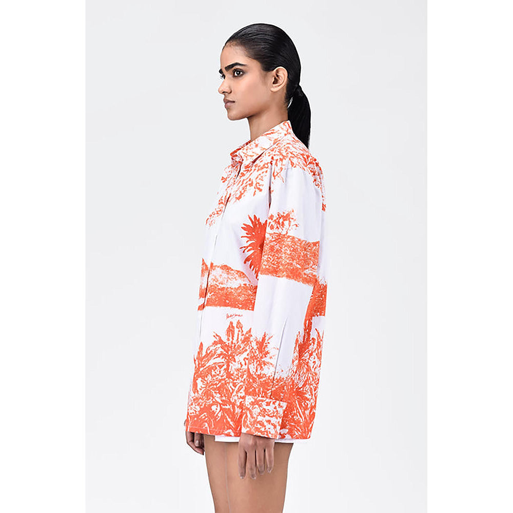 Genes Lecoanet Hemant Women's Landscape Print Easy Fit Cotton Poplin Shirt -Coral Orange