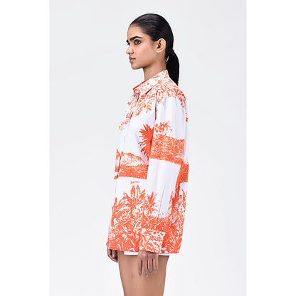 Genes Lecoanet Hemant Women's Landscape Print Easy Fit Cotton Poplin Shirt -Coral Orange