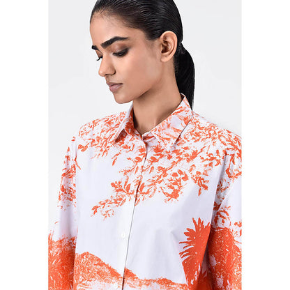 Genes Lecoanet Hemant Women's Landscape Print Easy Fit Cotton Poplin Shirt -Coral Orange