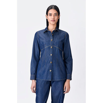 Genes Lecoanet Hemant Navy Blue Chambray Button-Up Shirt