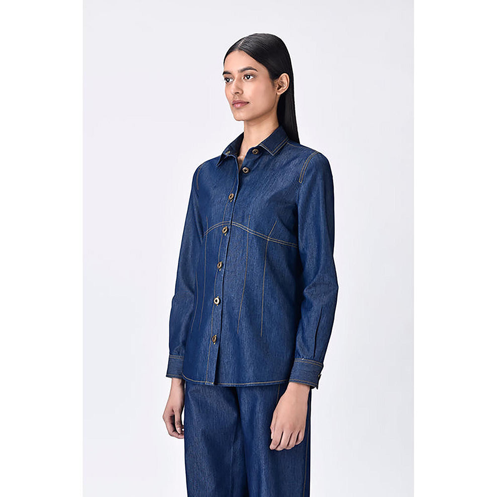 Genes Lecoanet Hemant Navy Blue Chambray Button-Up Shirt