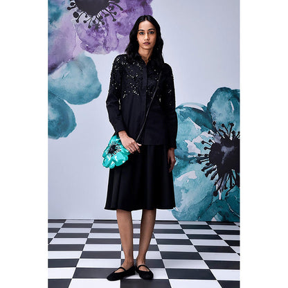 Genes Lecoanet Hemant Black Giza Cotton Poplin Embroidered Shirt