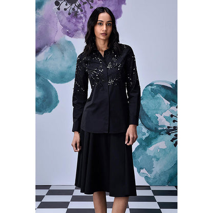 Genes Lecoanet Hemant Black Giza Cotton Poplin Embroidered Shirt
