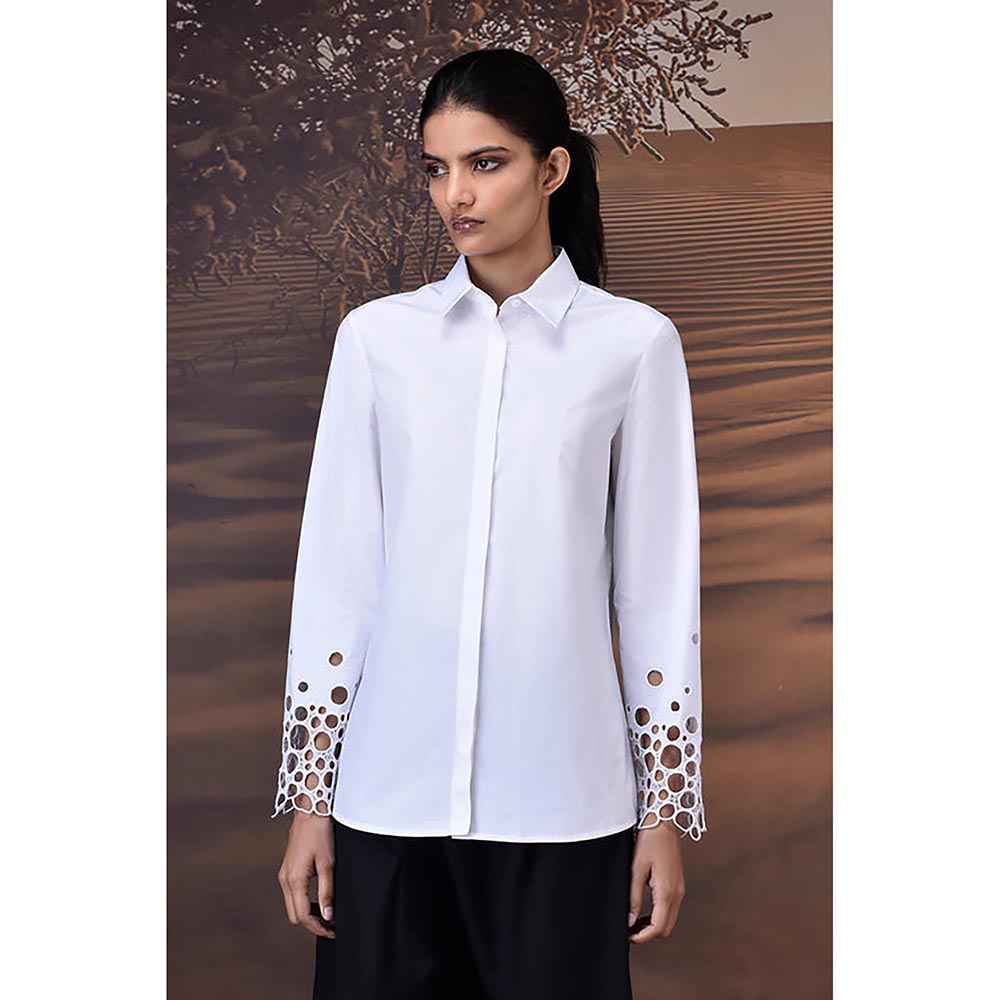 Genes Lecoanet Hemant White Precision Shirt With Geometric Cutwork Sleeves