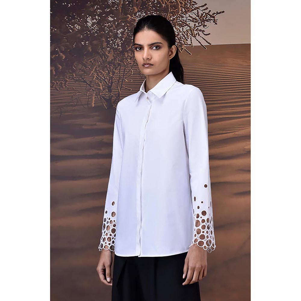 Genes Lecoanet Hemant White Precision Shirt With Geometric Cutwork Sleeves