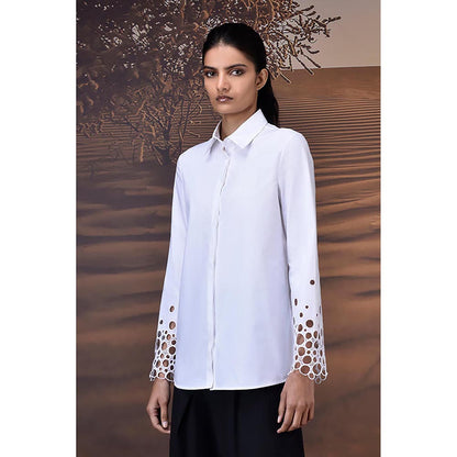 Genes Lecoanet Hemant White Precision Shirt With Geometric Cutwork Sleeves